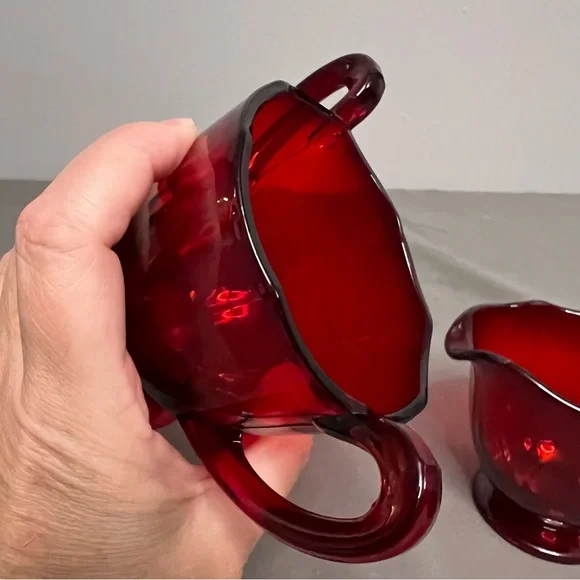 VTG Ruby Red Depression Glass Sugar & Creamer Set W/ Waved Rims - Picture 4 of 10
